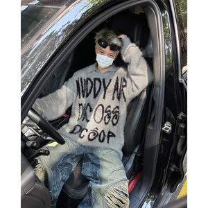 2025冬美式黑红撞色仿貂毛字母毛衣宽松慵懒针织衫 A025-M064-P68图片
