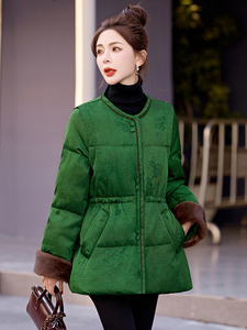 羽绒服女中长款2025冬季新款洋气独特别致新中式收腰复古绿色外套图片