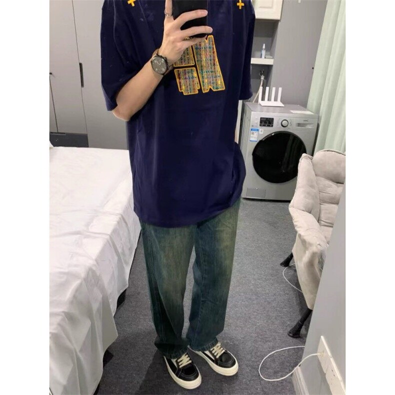 夏季新款港风美式全刺绣套头圆领短袖T恤宽松百搭设计感ZX468-P35,男装T恤,星座313A(原308A-2)