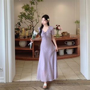 法式紫色荷叶边收腰连衣裙女夏2025新款气质温柔风爆款清纯系长裙图片