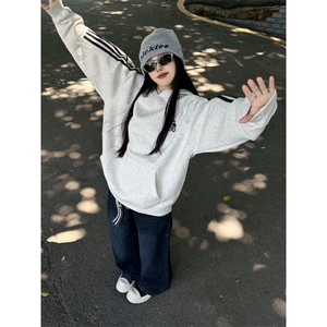 WE1741-P53美式复古条纹小熊刺绣连帽卫衣男女