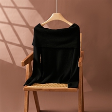 秋新款一字领露肩针织衫女宽松显瘦长袖35%羊绒衫，女装羊绒衫，朵沐纯羊绒