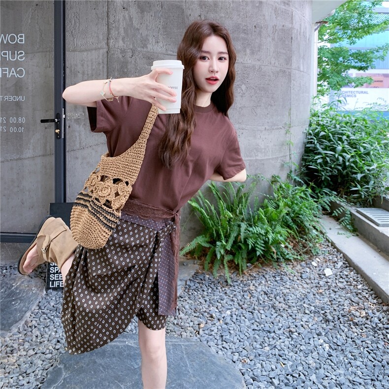 咖色假两件波点拼接连衣裙女2025夏季新款设计感不规则时尚T恤裙,女装连衣裙,2C058