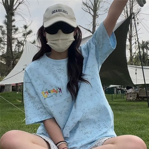 雪花染刺绣冰感短袖T恤男夏季潮牌小领口宽松情侣速干内搭打底衫图片