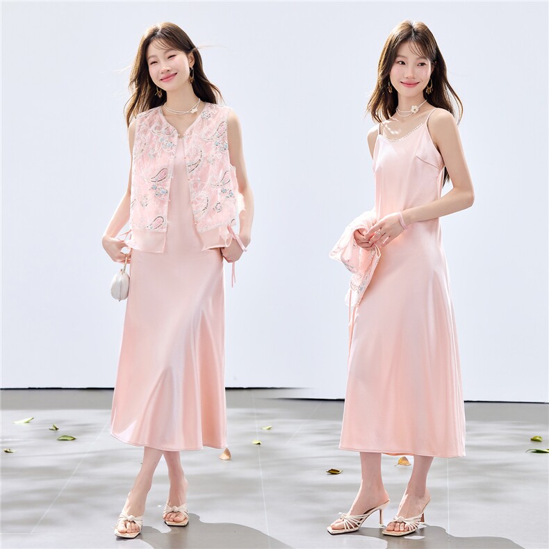 夏季新款现货！2026洋气时尚重工刺绣花马甲+珍珠吊带长裙套装女,女装套装/套裙,央宝儿