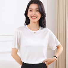 2025夏季新款醋酸缎面圆领套头短袖女士纯色简约气质丝滑透气T恤，女装T恤，伊绒腾羊绒