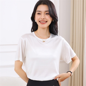 2025夏季新款醋酸缎面圆领套头短袖女士纯色简约气质丝滑透气T恤图片