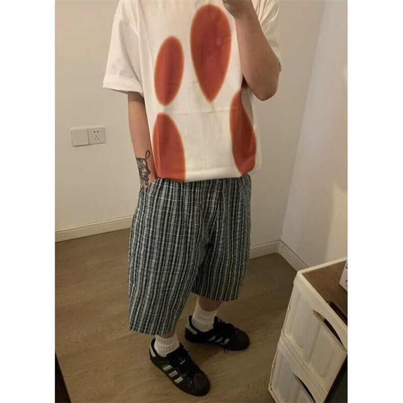 复古蓝绿格纹宽松廓形七分裤男女夏季慵懒风直筒休闲裤DK24,男装牛仔裤,星座1116A（原606A-3）