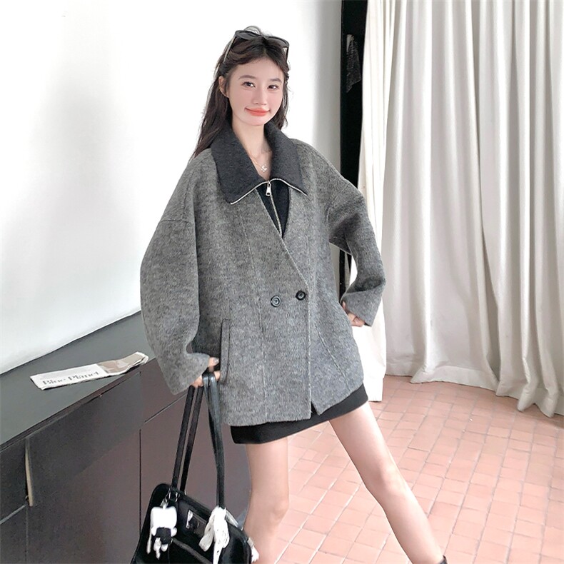 假两件灰色双面呢羊毛外套女秋冬2025新款短款呢大衣高级感气质,女装毛呢外套,2C269