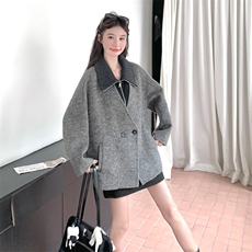 假两件灰色双面呢羊毛外套女秋冬2025新款短款呢大衣高级感气质，女装毛呢外套，2C269