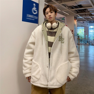 EQ334 字母绣花拼接撞色羊羔毛外套男冬季加厚棉衣港风潮流棉服图片