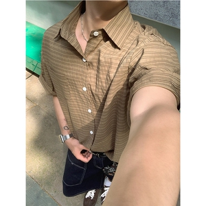 原创美式潮流复古条纹泡泡格肌理感夏季衬衫短袖男士衬衣P35
