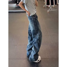 美式复古蓝做旧微喇牛仔裤男女2026新款显瘦显高百搭直筒裤，男装牛仔裤，四季星座505