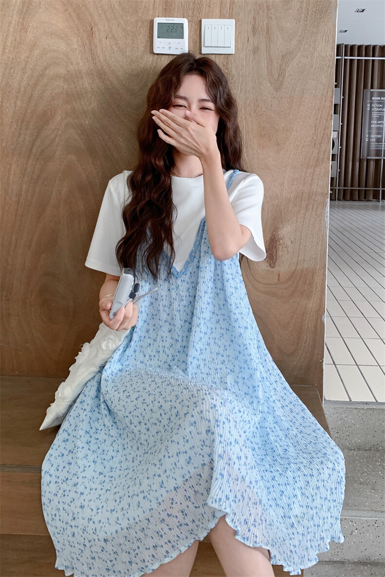 韩系撞色拼接连衣裙女2025夏季新款蓝色碎花设计感假两件T恤裙,女装连衣裙,2C275