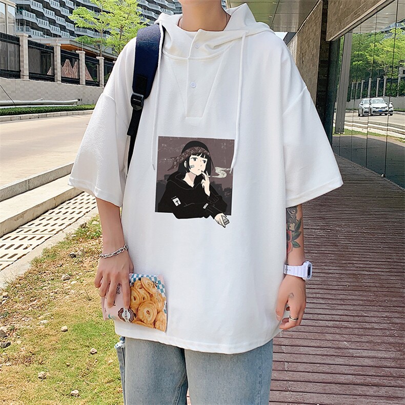 LD54122-P45连帽短袖t恤男大码胖子带帽五分袖中袖,男装T恤,电商A040
