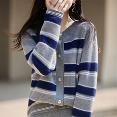 法式高端撞色条纹100纯羊毛针织开衫女2025新款长袖套头打底毛衣，女装羊毛衫，朝辰羊绒