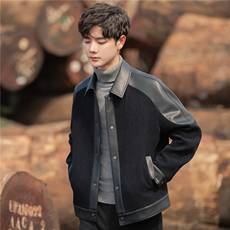 2026年新款翻领春秋季PU皮拼接皮衣高级感痞帅夹克外套3076-P195，男装夹克，电商A355（原A415）