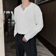 2025秋装韩版网红宽松纯色V领舒适打底衫长袖T恤B267-TX072P48，男装T恤，电商B267