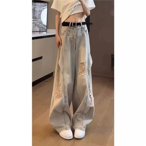 百搭美式高街vibe解构弯刀水洗破洞牛仔裤男女新款直筒宽松阔腿裤,蝙蝠衫牛仔搭配什么图片