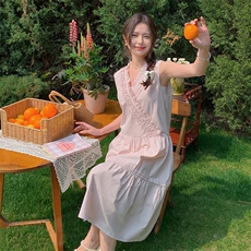 浅粉色木耳边无袖连衣裙女2025夏季新款韩系小个子甜美减龄背心裙，女装连衣裙，浙宝220
