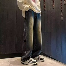 N44-P41水洗刺绣星星牛仔裤男2025新款秋季美式高街复古，男装牛仔裤，电商B323A