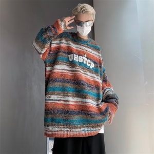 美式渐变纱刺绣字母条纹毛衣男宽松慵懒风秋冬针织衫男MZ114-P60,男友风服装穿搭图片