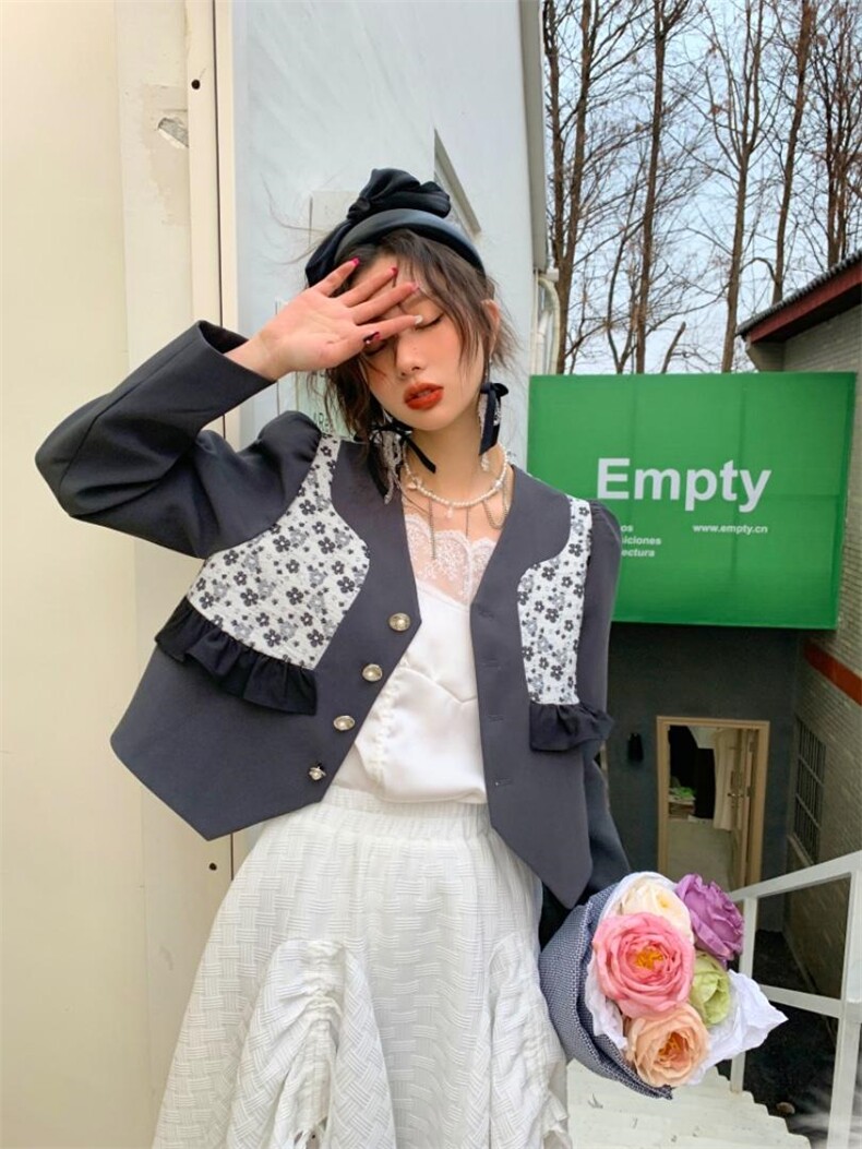 提花拼接灰色短款西装，女装西装，YOUER DENG