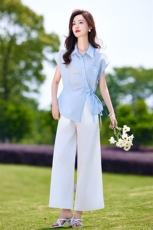 时尚休闲套装女夏季薄款2025新款高级感减龄短袖衬衫阔腿裤两件套，女装套装/套裙，靓衣阁