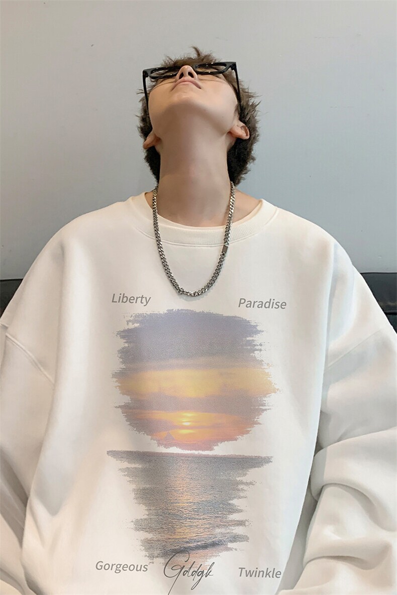 内景春季新款日落印花圆领卫衣男潮宽松打底衫WY00226/P35加绒P45,男装卫衣,电商B316