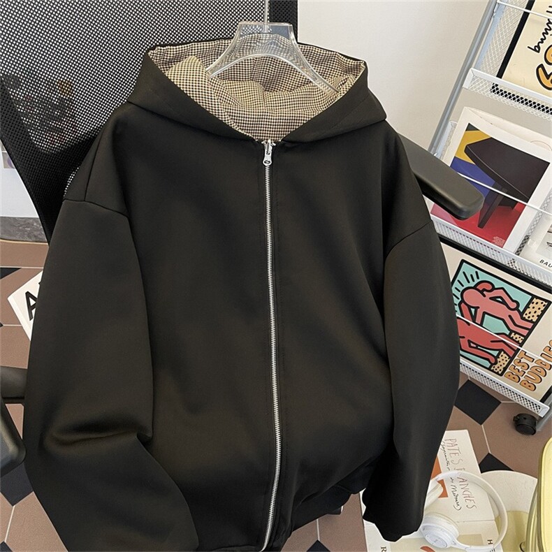 复古千鸟格双面穿格子拉链开衫卫衣cleanfit外套,女装短外套,星座506A