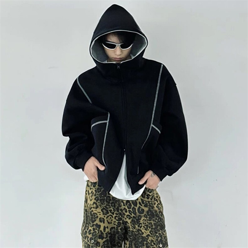 抖音得物高品质秋冬美式高街重磅结构辑明线纹理连帽卫衣外套W111,男装卫衣,电商A486