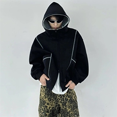 抖音得物高品质秋冬美式高街重磅结构辑明线纹理连帽卫衣外套W111，男装卫衣，电商A486