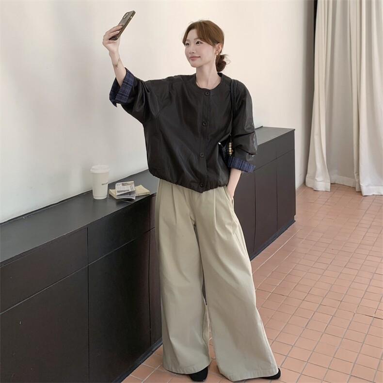 高级感咖色皮衣外套女2025新款宽松无领独特超好看PU皮夹克,女装皮衣,2C159
