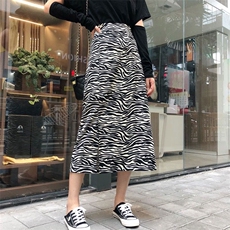 高腰开叉斑马纹a字半身裙女中长款2021年秋季新款侧开衩包臀裙子，女装半身裙，潮品会