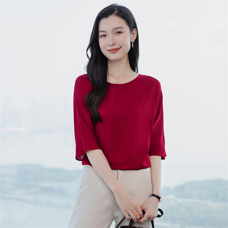 重磅圆领酒红真丝衬衫女五分袖2026春新款妈妈宽松大码真丝上衣,女装衬衫,阿舍尔精品