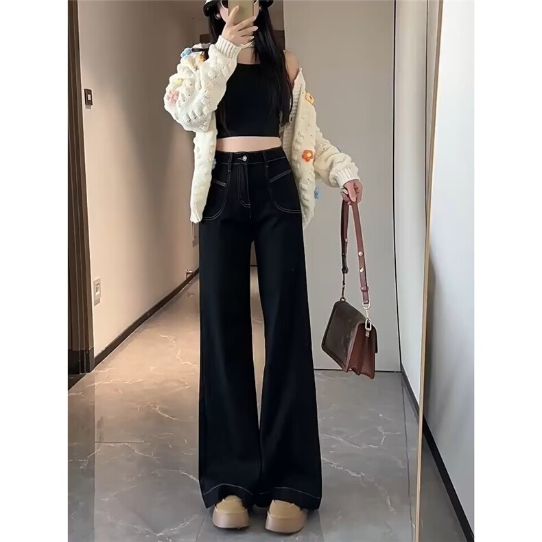 黑色大喇叭阔腿牛仔裤女春季新款高腰宽松设计感显瘦直筒喇叭裤子,男装牛仔裤,星座1210-1