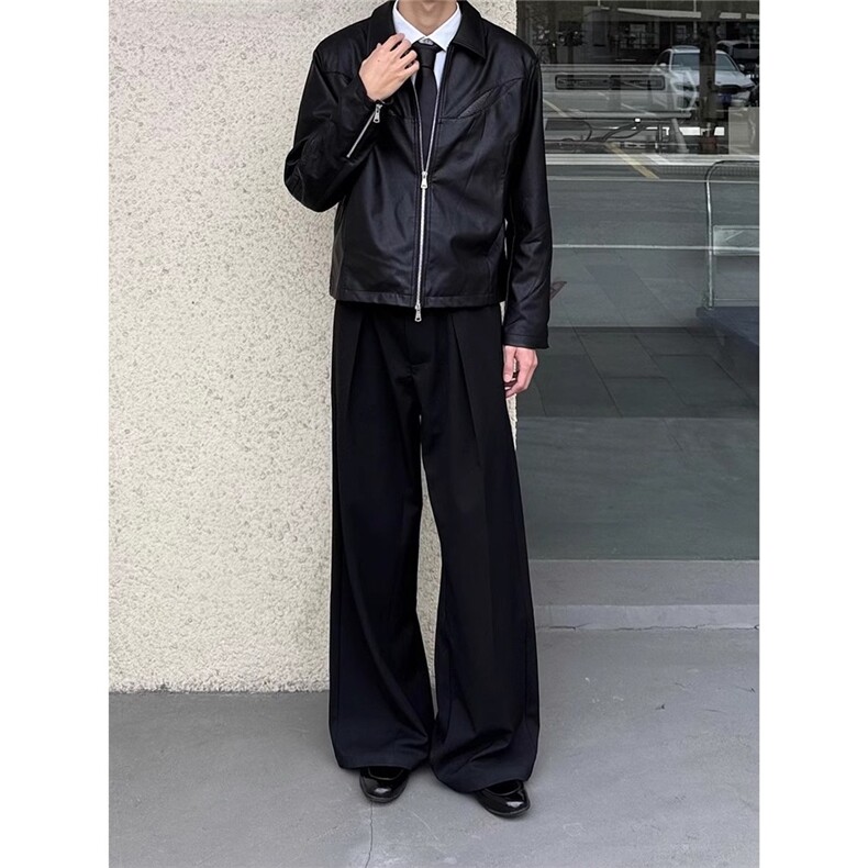 暗黑系褶设计感西装裤男士cleanfit潮牌休闲阔腿裤垂坠感拖地裤子，男装西服套装，星座813-2