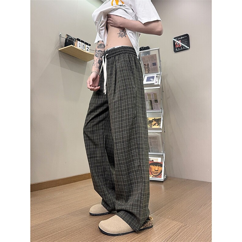 XK468-P35灰色格子裤男夏季薄款慵懒松弛感美式休闲阔腿直筒裤,男装休闲裤,电商A178