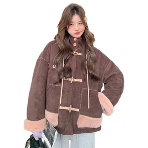 韩版加厚减龄连帽皮毛一体棉服女2025年冬季新款显瘦保暖加绒外套图片