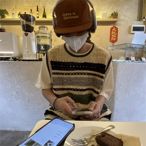 美式复古撞色条纹背心男款夏季潮牌针织镂空衣服坎肩毛衣无袖t恤图片