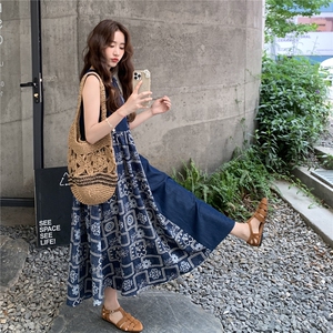 文艺日系复古拼色印花减龄连衣裙女夏季2025新款高级感拼接背心裙图片