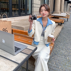 两件套裙子套装女2023春季新款韩版气质时尚衬衫拼接短款西装外套，女装套装/套裙，辉之琳