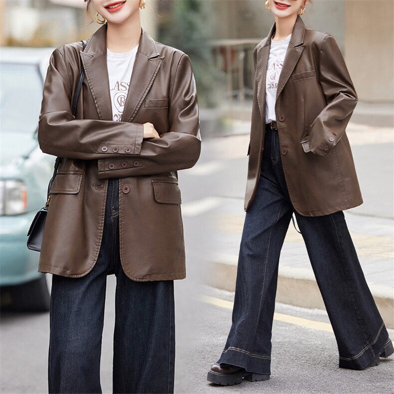 BAO款皮衣女2025新款款小个子高级感宽松春秋季韩版洋气西装外套，女装皮衣，江南女神