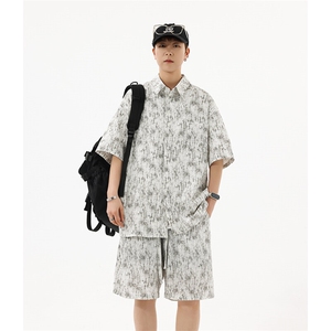 潮牌薄款垂感印花港风短袖衬衫短裤套装 9035-P68图片