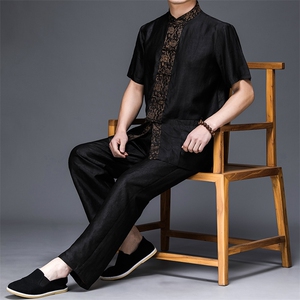 唐装中年男士2023夏季新款冰丝薄款风短袖休闲两件套潮图片