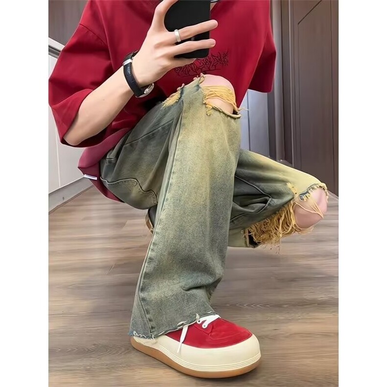 复古高街破洞牛仔裤废土风做旧黄泥染阔腿裤长裤潮XX9141,男装牛仔裤,星座208-5