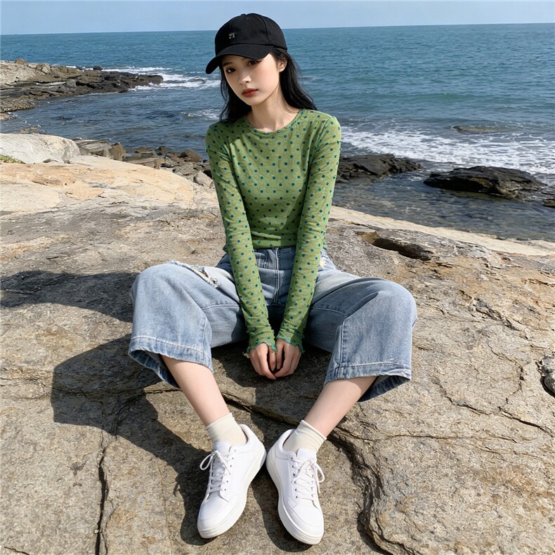 个性时尚套装女夏季新款圆领波点网纱长袖宽松破洞牛仔中裤两件套,女装套装/套裙,江南
