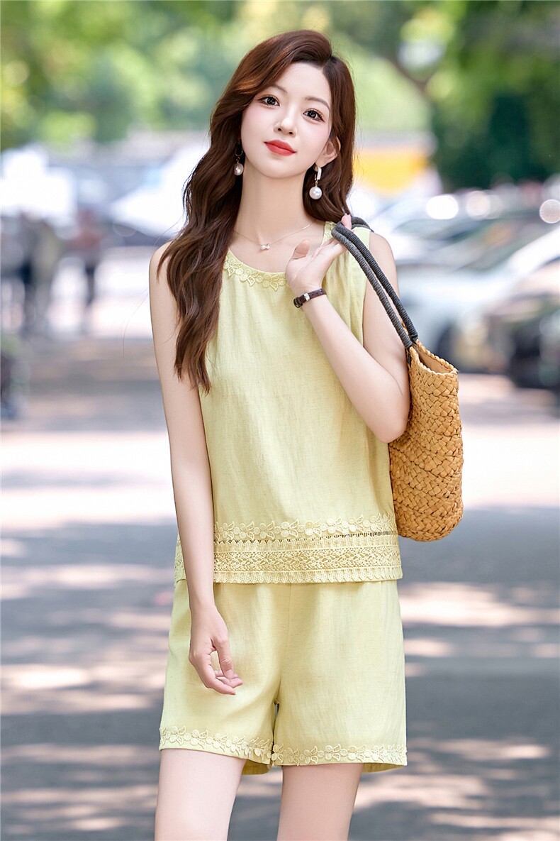 亚麻套装女2025夏新款巨好看的休闲减龄老钱风无袖短裤穿搭两件套,女装套装/套裙,韩美纤衣