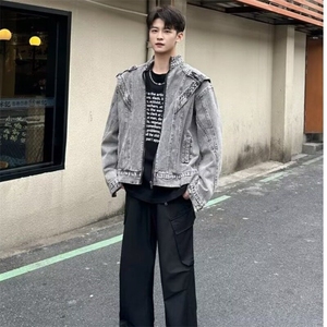 美式水洗解构牛仔外套男春季vibe潮牌宽松休闲百搭做旧立领夹克图片