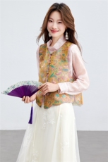 在仓~春夏薄款人丝衬衫马甲两件套宽松纽扣双面穿宋锦提花套装，女装套装/套裙，新依时派